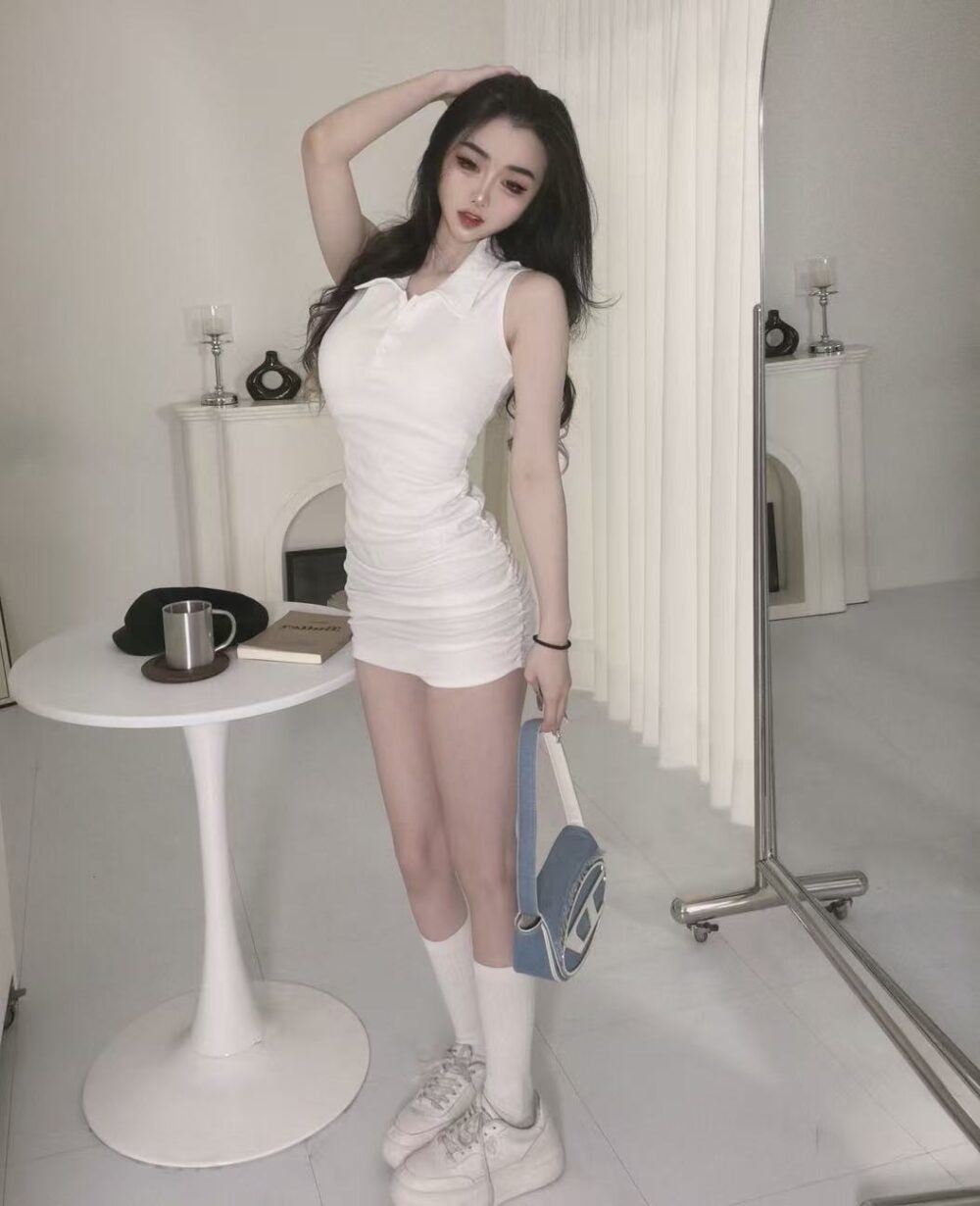 #86851 自帶胸墊POLO領削肩排扣側抓皺坑條包臀洋