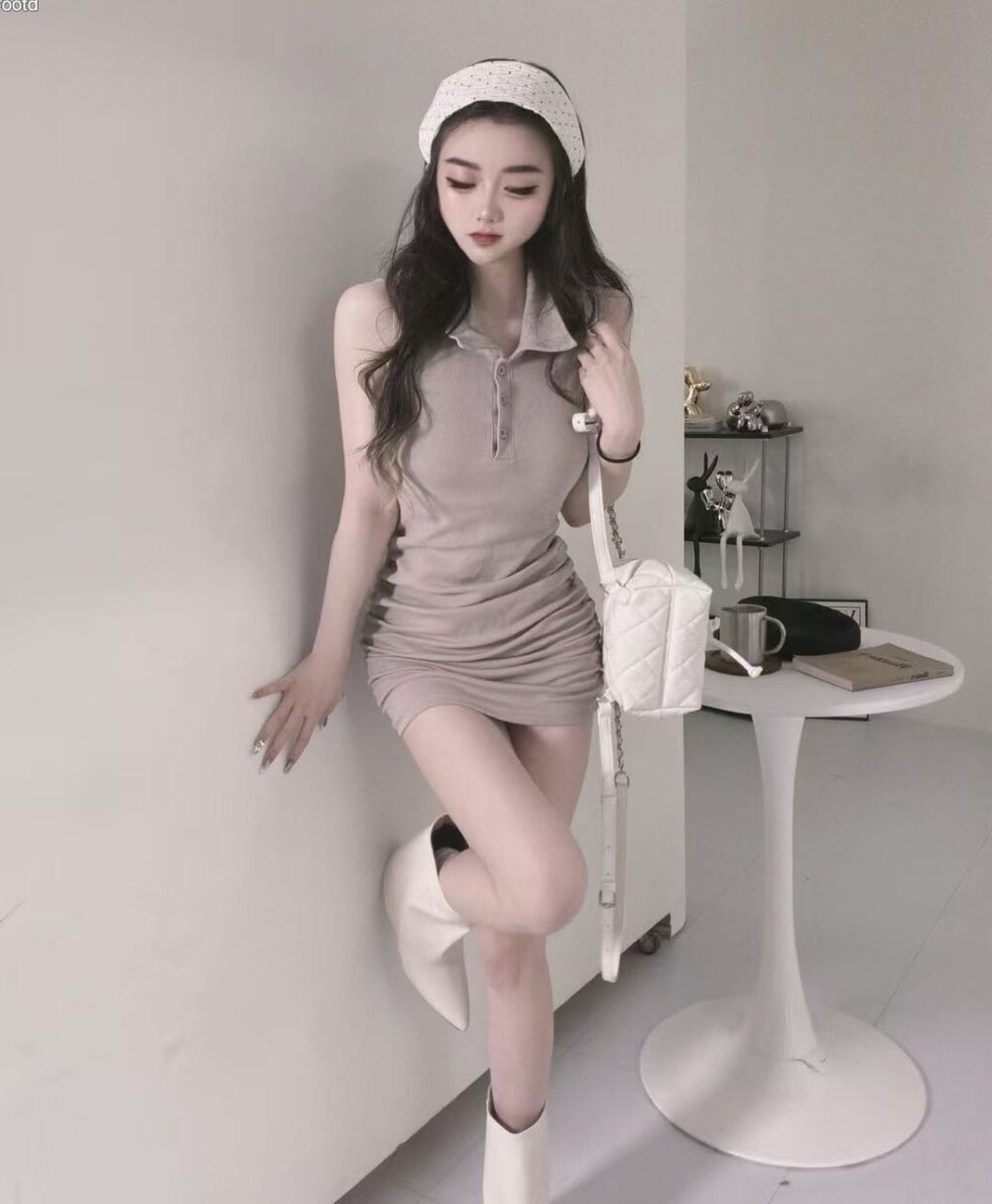 #86851 自帶胸墊POLO領削肩排扣側抓皺坑條包臀洋