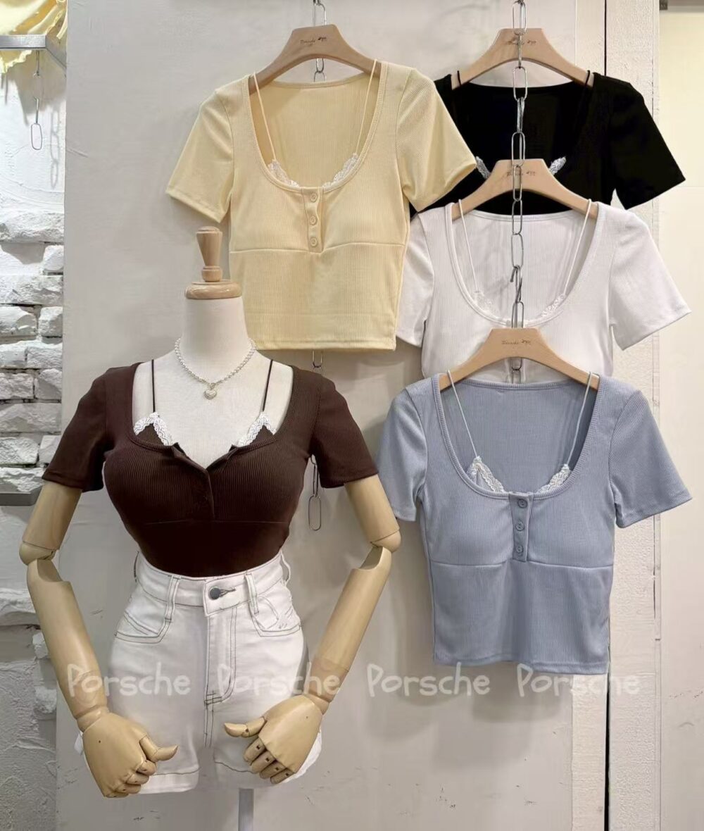 #9636 內杯蕾絲開釦上衣