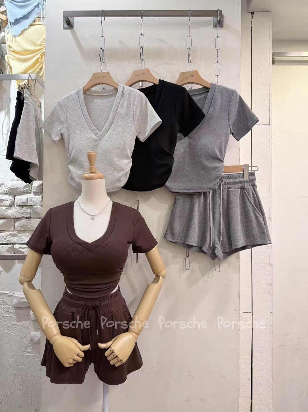 #9664 V領側皺短褲套裝