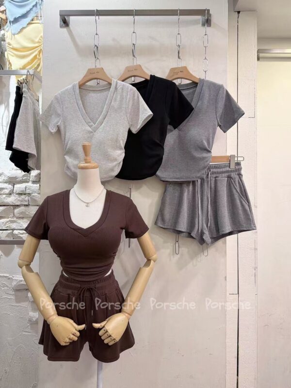 #9664 V領側皺短褲套裝
