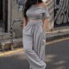 #3698 美式斜領邊條彎刀褲套裝