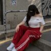 #3698 美式斜領邊條彎刀褲套裝
