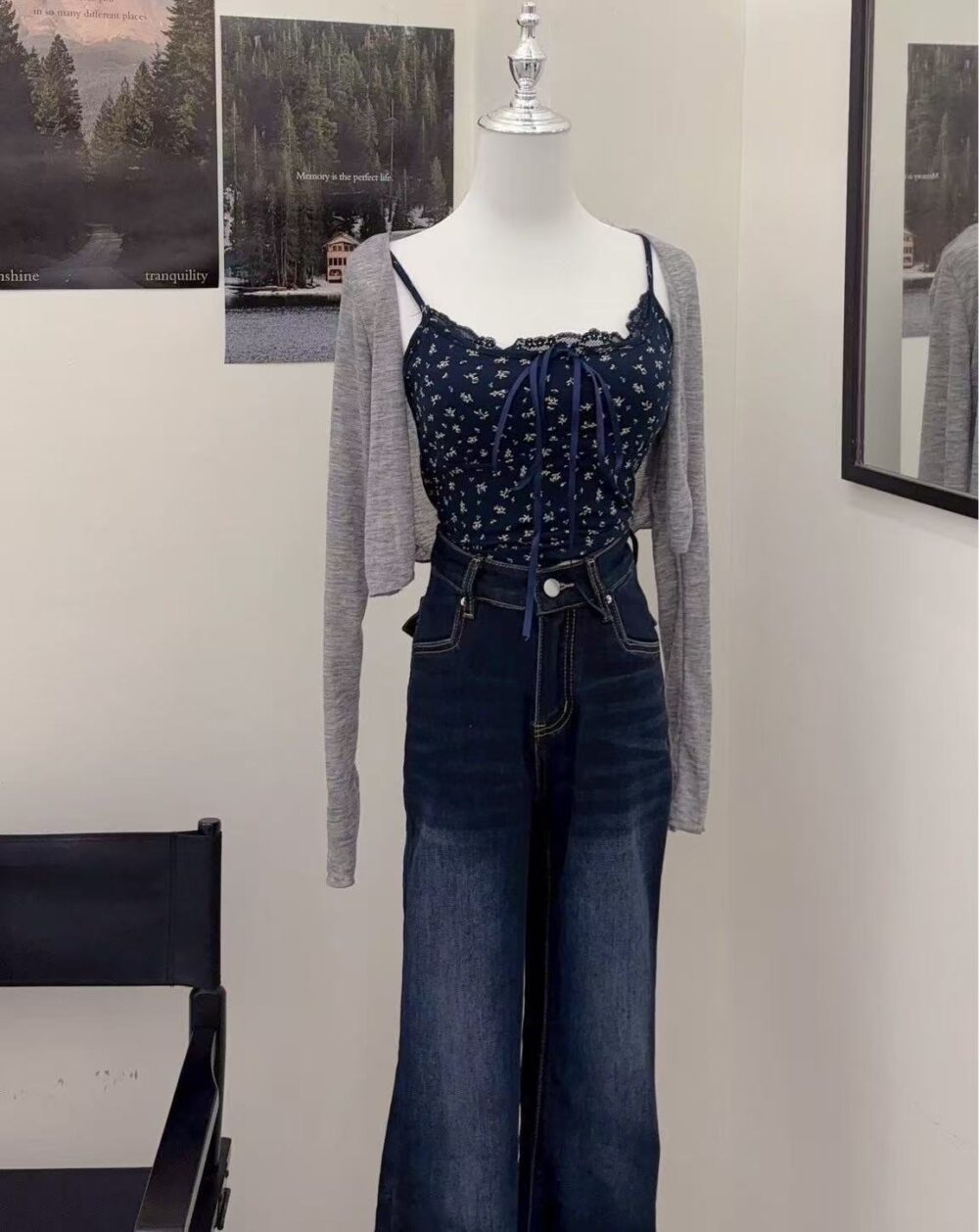 #8555-1 森系小碎花碎花吊帶+針織坎肩套裝