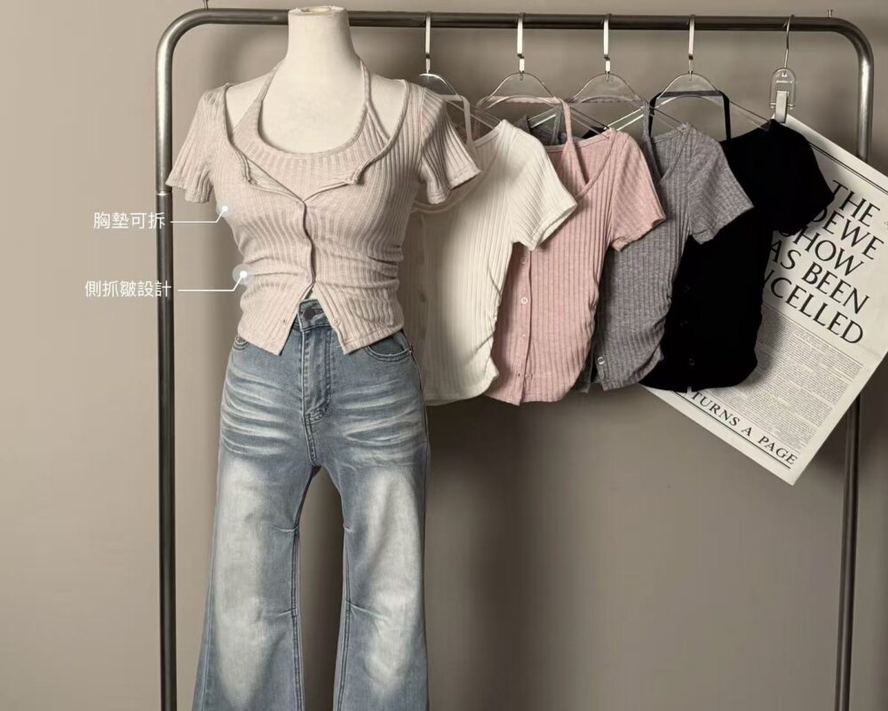 #0278掛脖繞頸坑條短袖兩件套