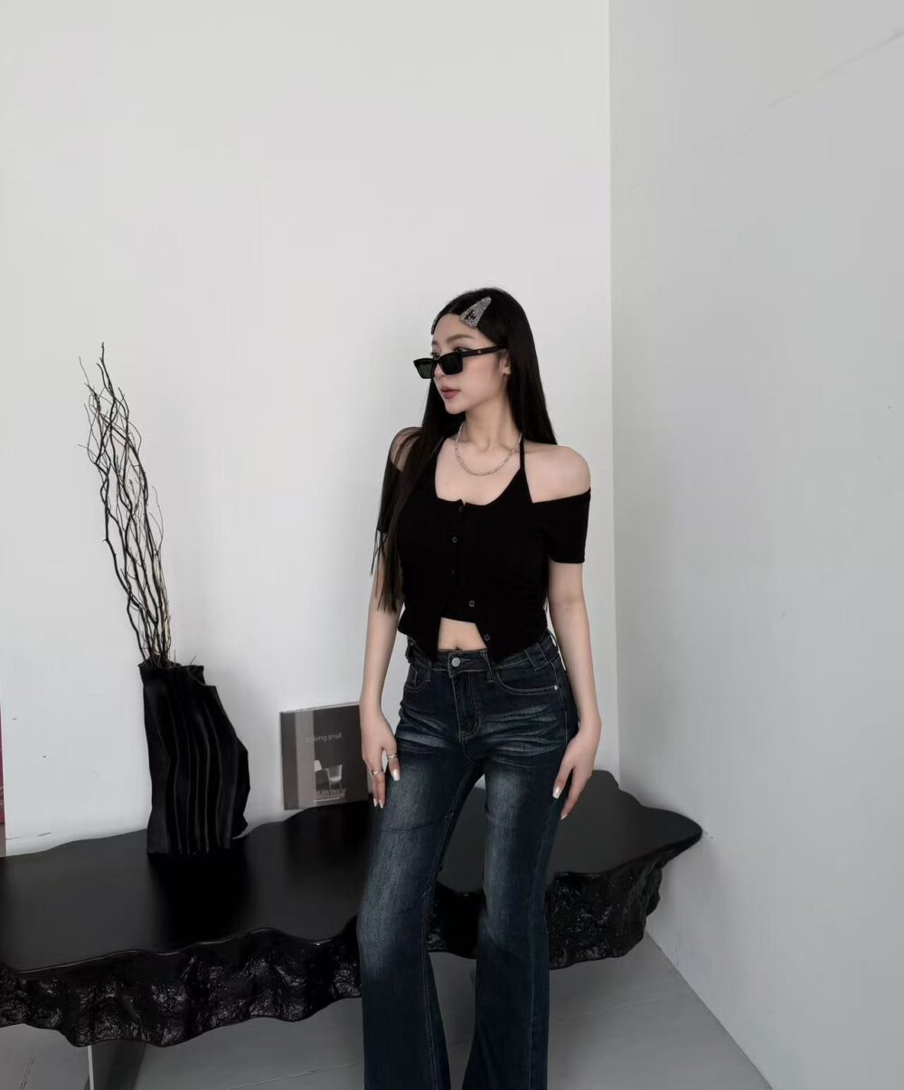 #0278掛脖繞頸坑條短袖兩件套