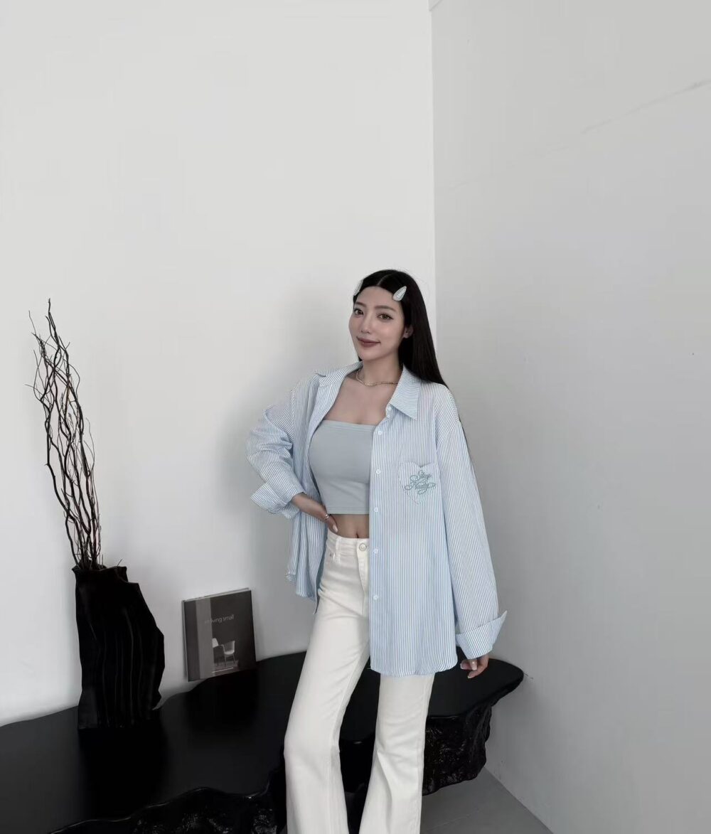 #5518 韓系甜妹條紋愛心襯衫