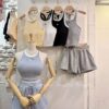 #9673撞色削肩背心短褲套裝