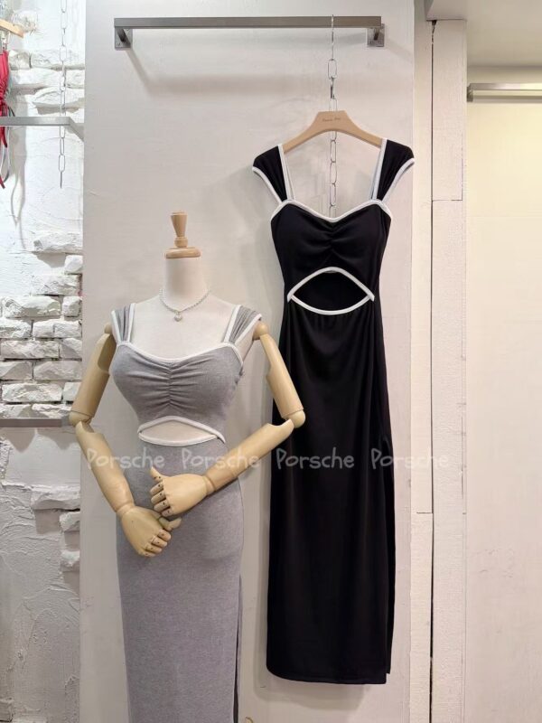 #9675 腰簍空側開岔撞色長洋